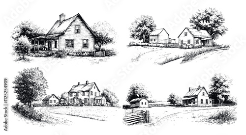 Vintage Farm House Sketches Ink Style Vector Illustrations Unique Artwork Farmhouse Decorative Elements Artistic Visuals Modern Graphics Distinctive Art Style Rural Architecture