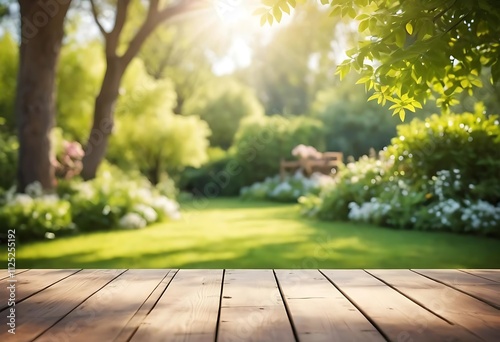 Empty wooden table with blurred flower bushes as background