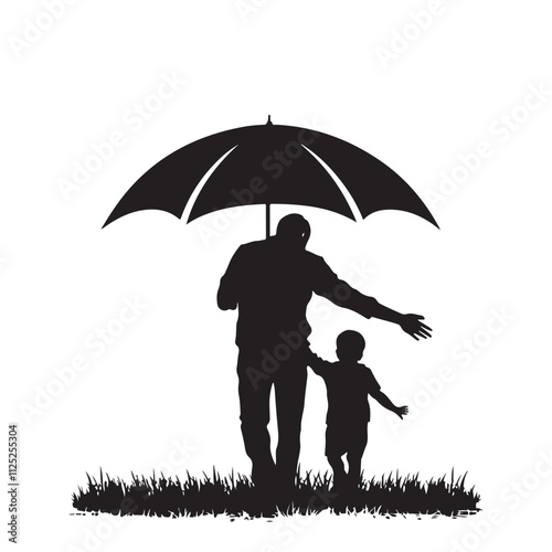 Silhouette of a father holding the hand of his son set Father with Children Silhouette continuous single drawn one-line dad gives five to
 