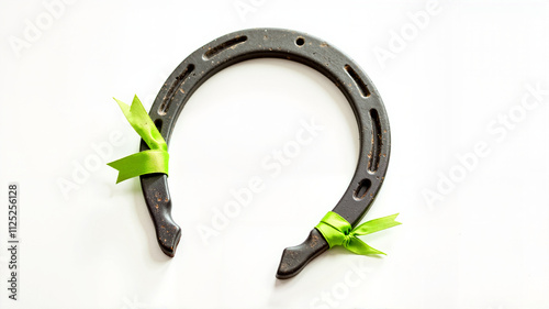 Horseshoe with green ribbons on a white background photo