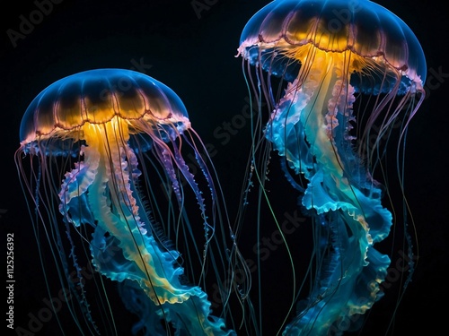 phosphorescent neon translucent jellyfish in the darkness of deep waters ocean background photo