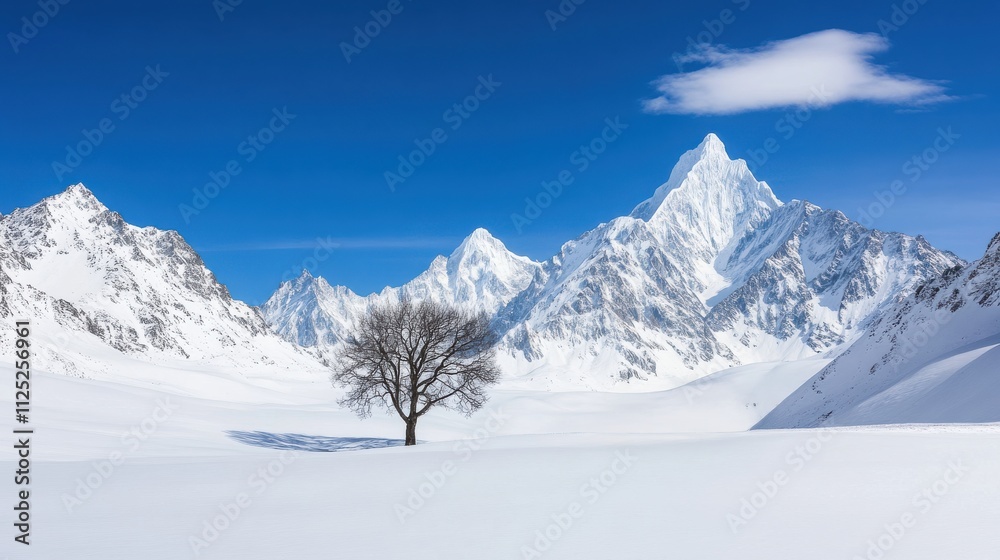 Fototapeta premium Majestic Snow-Covered Mountains with a Lonely Tree Under a Clear Blue Sky in a Stunning Winter Wonderland Landscape