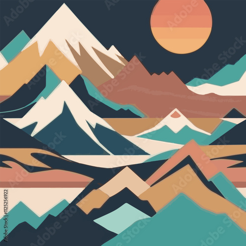 Vector orange mountain landscape with clear sky, sunset behind the mountains and silhouettes of trees and calm lake water. Serene Fields Vibrant Vector Illustration of a Lush Cartoon Meadow.	