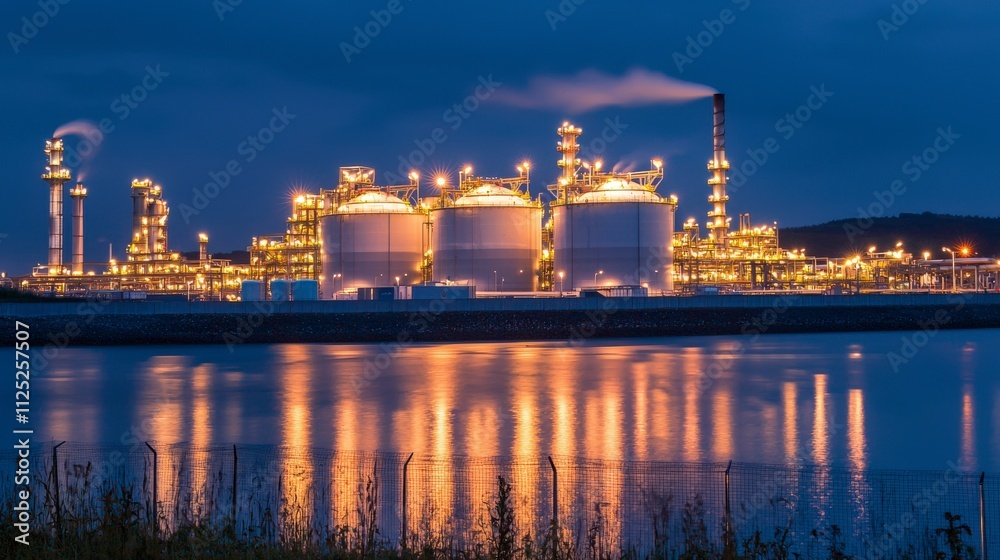 Fototapeta premium Gas and hydro energy stock facility at night industrial plant reflection urban environment scenic viewpoint energy concept