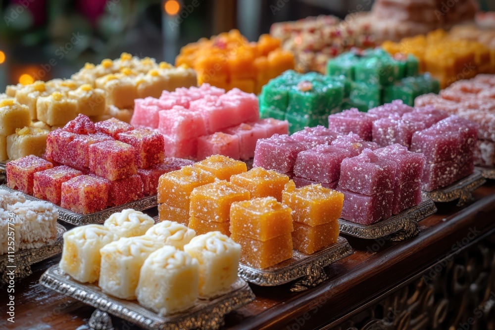 A colorful display of traditional sweets arranged on decorative trays. A colorful display of traditional sweets arranged on decorative trays.