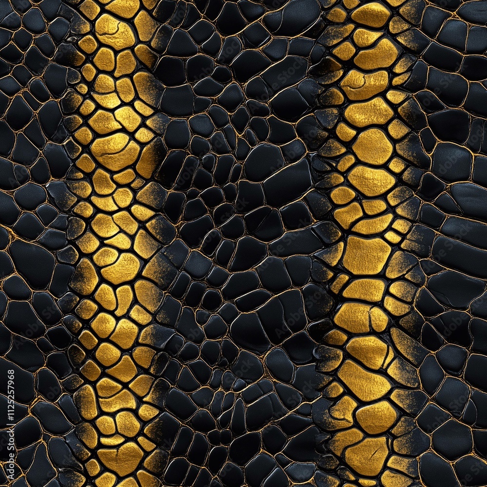Elegant black and gold textured surface resembling exotic animal skin with unique seamless pattern