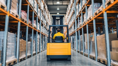 Warehouse worker operating forklift in large distribution center  surrounded by stacked boxes on shelves  showcasing logistics and supply chain management in action.