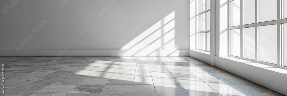 Obraz premium Modern interior design with blank wall and tiled floor. Empty living space concept for poster or gallery mock-up