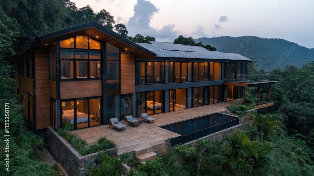 Obraz premium Modern Eco-Friendly House Nestled in Lush Green Mountains with Solar Panels, Inviting Outdoor Pool, and Breathtaking Scenic Views at Dusk