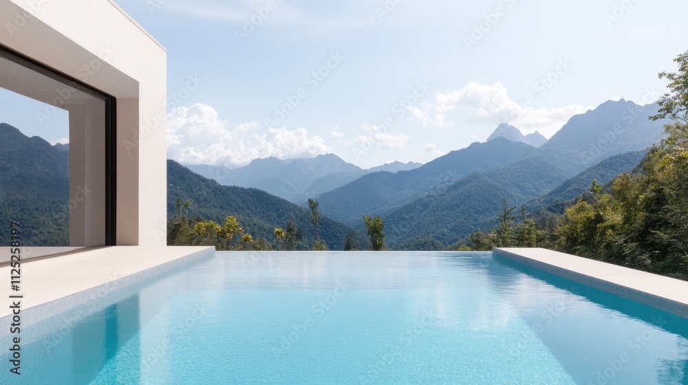 Fototapeta premium Serene Modern Infinity Pool Overlooking Majestic Mountains with Clear Blue Sky and Lush Green Nature in the Background