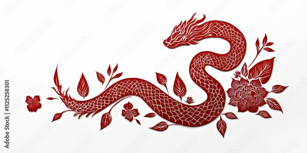 Intricate red floral snake silhouette in paper-cut style, white background. Space for text, branding, lucky, festive, horoscope, Christmas, Chinese New Year 2025 cards, banners, invitations. Intricate red floral snake silhouette in paper-cut style, white background. Space for text, branding, lucky, festive, horoscope, Christmas, Chinese New Year 2025 cards, banners, invitations.