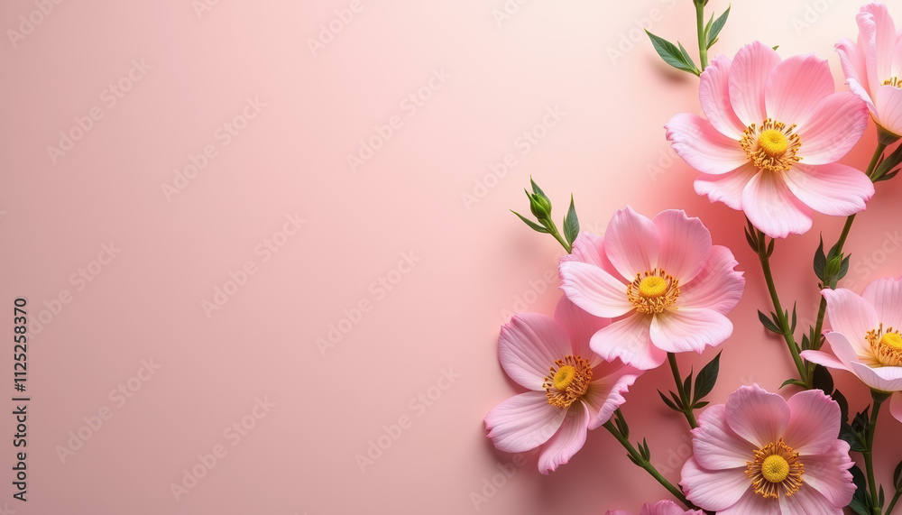 Charming arrangement of Pink Daisies on a soft pink background, creating an inviting text space for various celebrations. Charming arrangement of Pink Daisies on a soft pink background, creating an inviting text space for various celebrations.