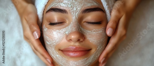 Closeup of a woman receiving a facial mask treatment, hands gently massaging her face, peaceful and soothing