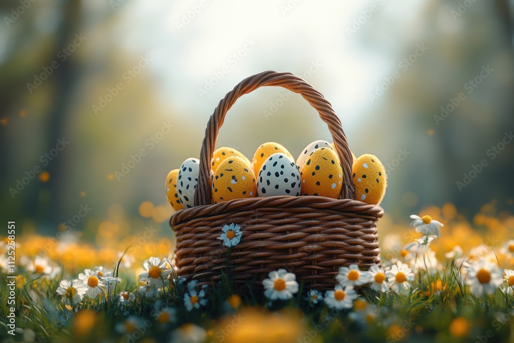 A woven basket filled with colorful Easter eggs amidst a field of daisies. A woven basket filled with colorful Easter eggs amidst a field of daisies.