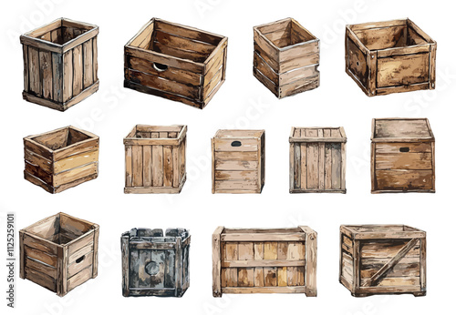 Wooden Crates Set Modern Watercolor Technique Illustration On White Unique Artwork Creative Decorative Elements Artistic Visuals Modern Graphics Distinctive Art Style Rustic Crates