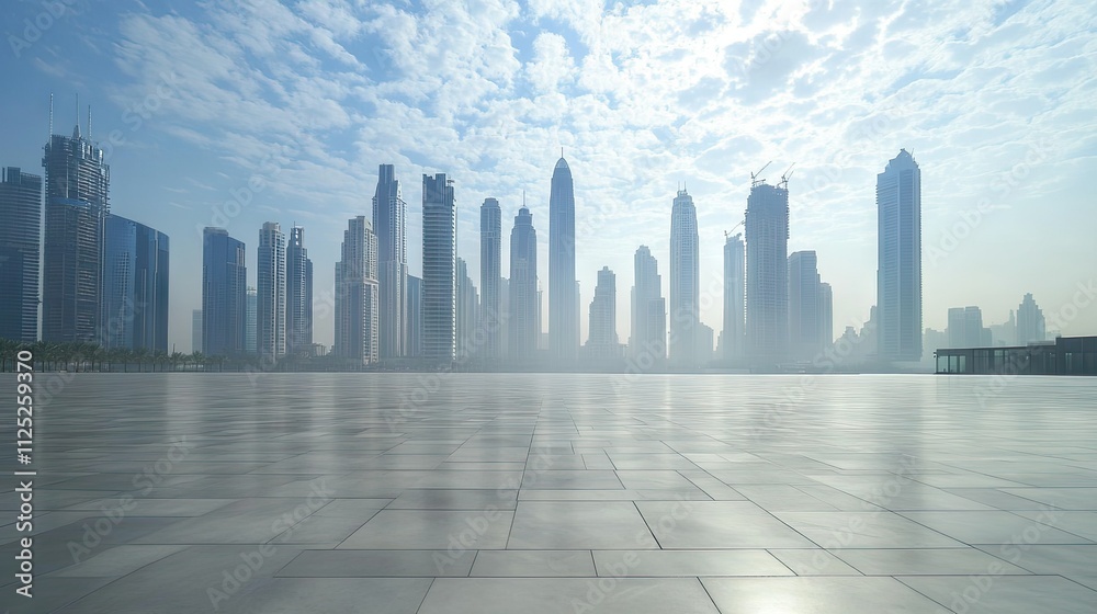 A high-resolution shot of an empty square at the foot of a stunning skyline of modern skyscrapers A high-resolution shot of an empty square at the foot of a stunning skyline of modern skyscrapers