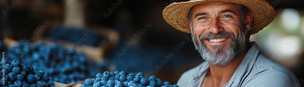 Farmer with crates of blueberries, smiling, lush orchard, bright daylight Farmer with crates of blueberries, smiling, lush orchard, bright daylight
