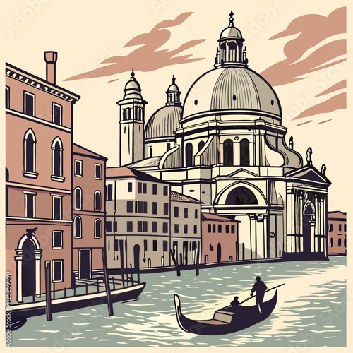 Scenery of the old city of Venice. Ancient buildings, St. Mary's Cathedral and a water channel.
