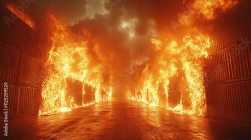 Fiery inferno engulfing shipping containers in a dark alleyway, intense flames and smoke fill the scene.