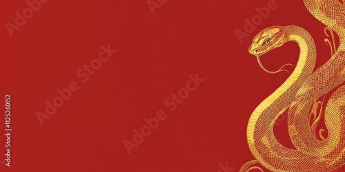 Luxurious snake with multicolored floral and geometric patterns on red background. Minimalist Chinese New Year 2025 zodiac design with space for text. Perfect for cards, banners, posters, branding.