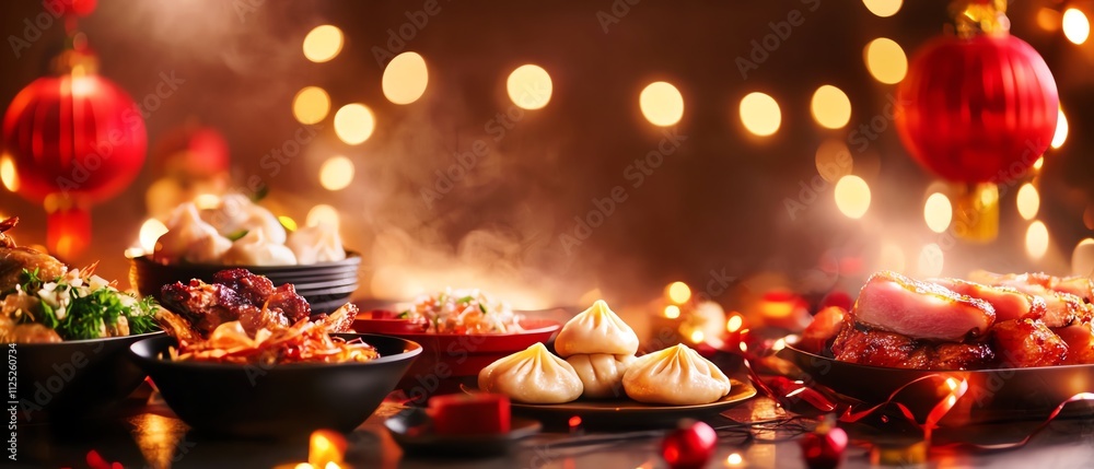A vibrant display of traditional dishes with decorative lanterns and festive lights, creating a warm atmosphere. A vibrant display of traditional dishes with decorative lanterns and festive lights, creating a warm atmosphere.