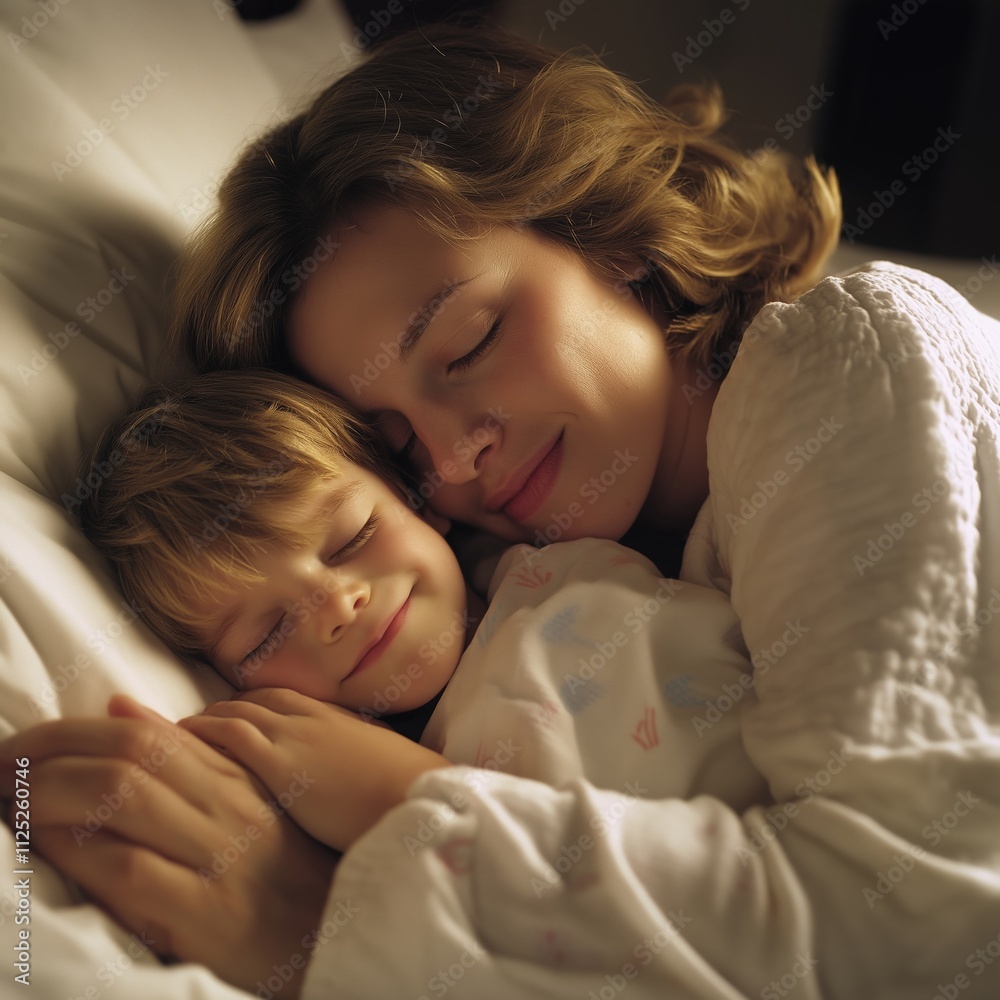 A serene moment of a mother peacefully sleeping with her child, showcasing love and comfort. A serene moment of a mother peacefully sleeping with her child, showcasing love and comfort.