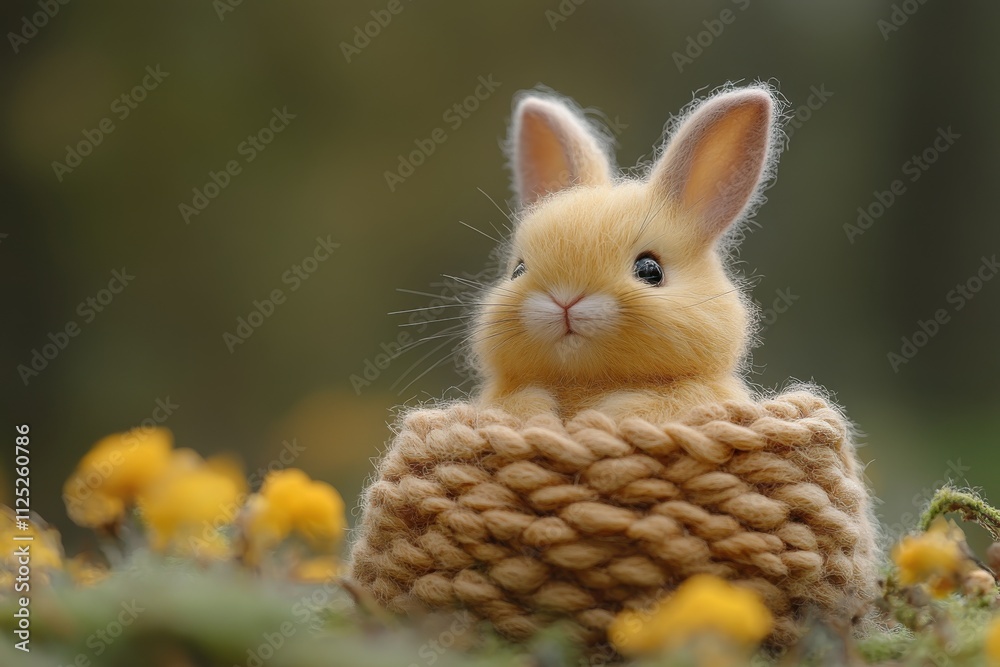 Fototapeta premium A cute, fluffy bunny sitting in a woven basket among vibrant flowers.