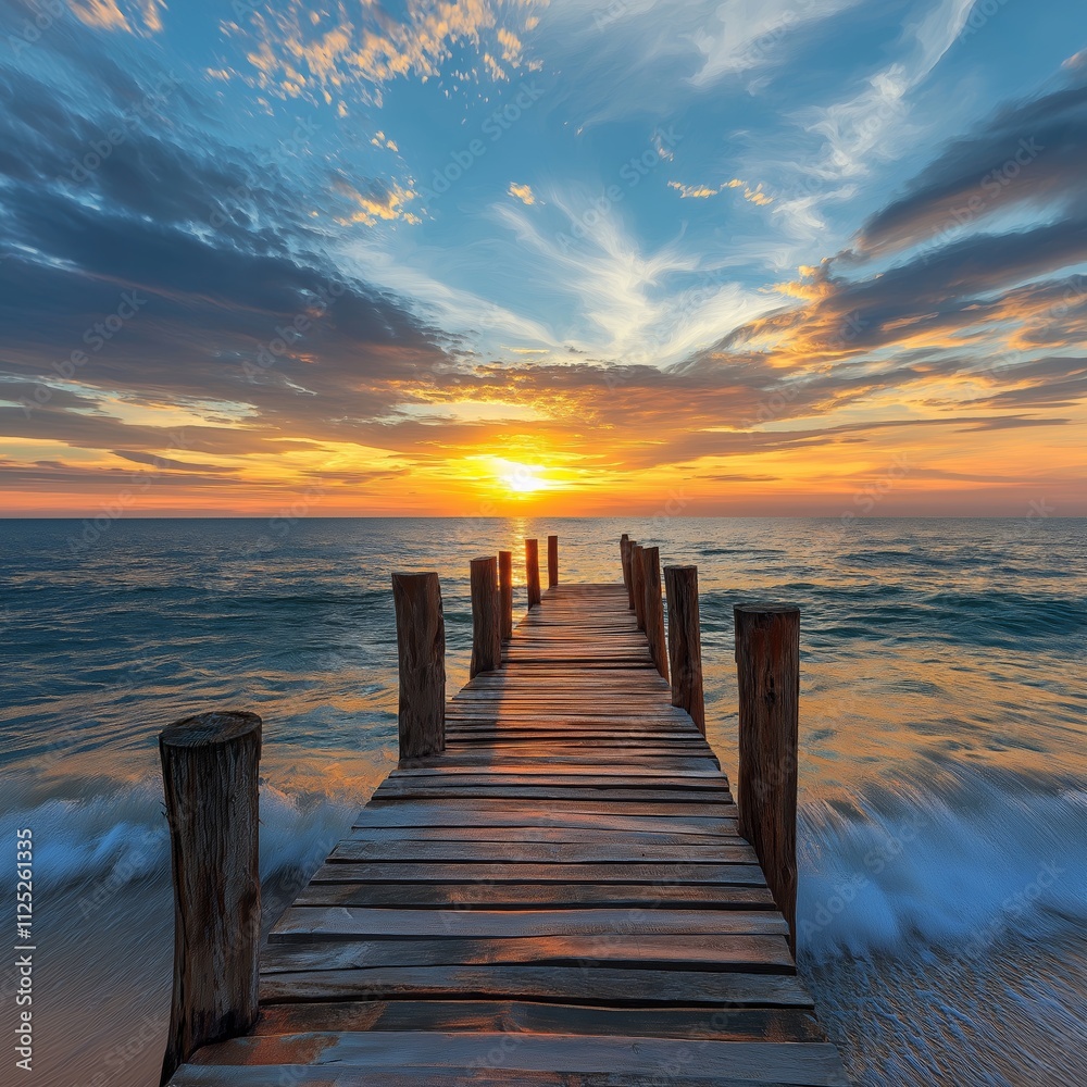 A serene wooden dock extending towards a colorful sunset by the sea. A serene wooden dock extending towards a colorful sunset by the sea.