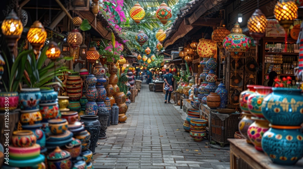 Fototapeta premium Indonesian Market Colorful Pottery Lanterns Souvenirs Handicrafts