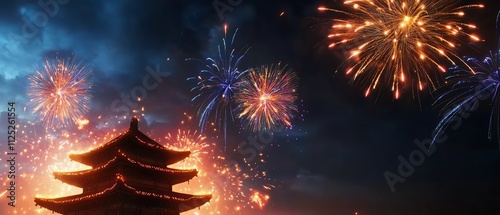 Colorful fireworks illuminate a traditional temple silhouette at night, creating a festive atmosphere.