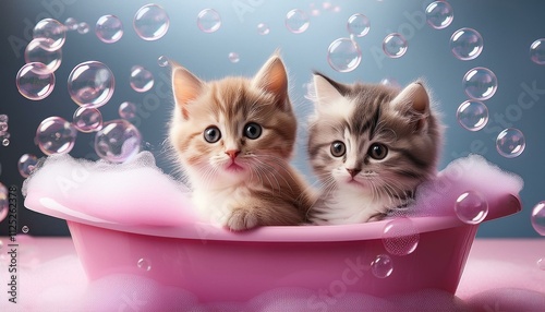 Generated image Playful kittens in a pink bathtub with soap bubbles everywhere