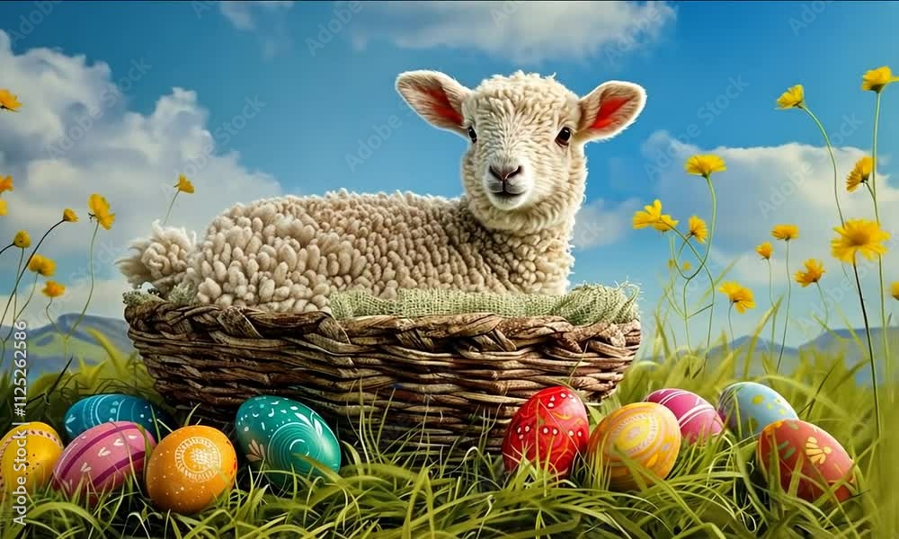 spring video banner Frohe Ostern - with german easter card with easter lamb and painted eggs in a basket with free space for inserting text