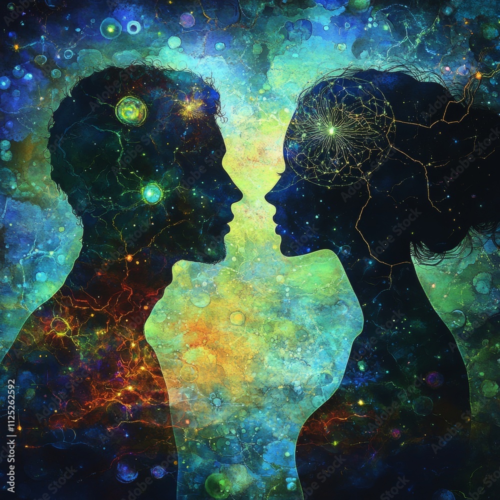 Obraz premium Man and woman silhouettes at abstract cosmic background