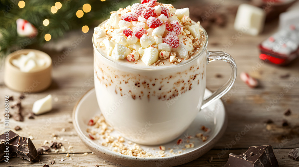 Hot chocolate with white chocolate chunks and a festive candy topping.