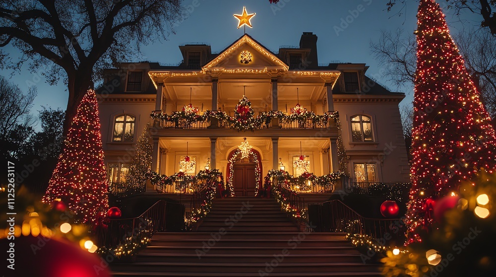 Fototapeta premium Elegant Christmas Mansion with Festive Lights and Decorations at Night