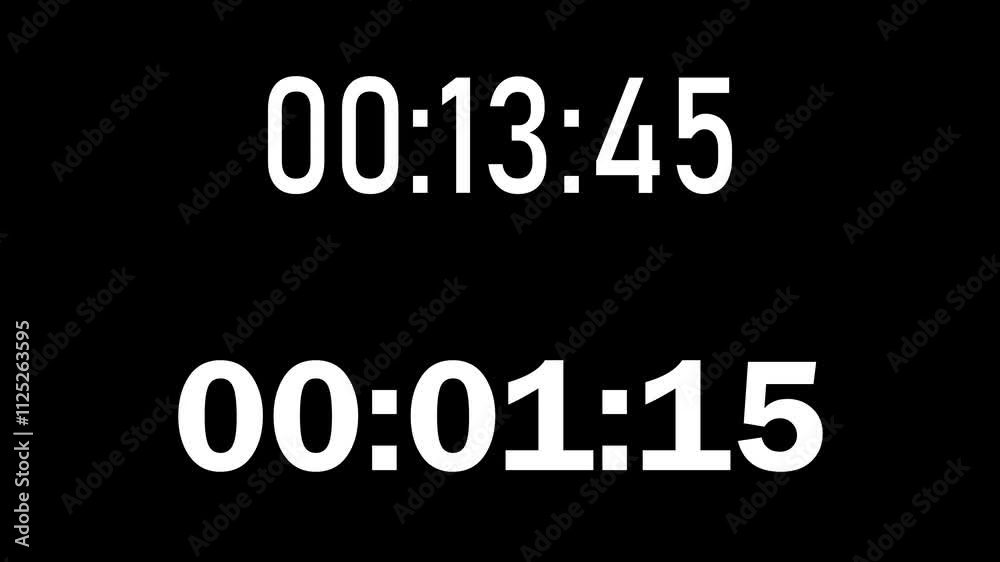 15 minutes digital clock animation from up and down. 15 minutes counts clock. Digits showing 15 minutes countdown animation on black background.
