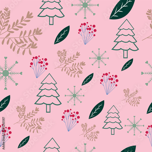 Print Winter holidays background with pine branches and snowflakes. Winter card design. seamless White snow falling on sky blue  pattern. repeating texture for  greeting card or banner. Vector eps10 