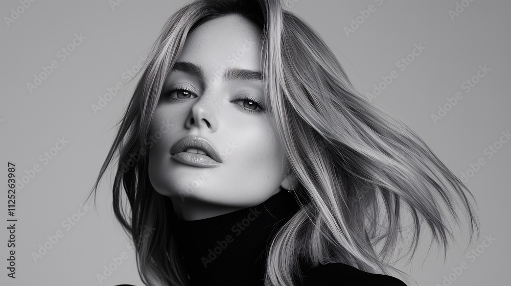 Retrato en blanco y negro de mujer rubia con el cabello al viento Retrato en blanco y negro de mujer rubia con el cabello al viento