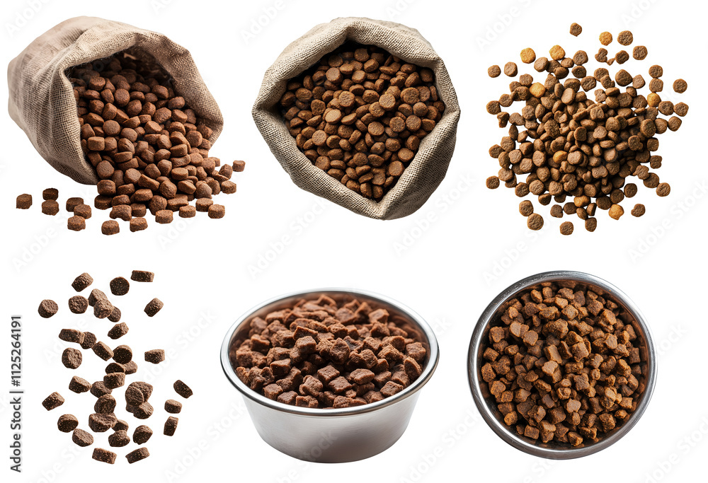 Collection of animal pet, cat, dog kibble kibbles dry dried food, many angles view stack, silver metal bowl, burlap sack, fly scattered drop, on transparent cutout PNG. Mockup template for design Collection of animal pet, cat, dog kibble kibbles dry dried food, many angles view stack, silver metal bowl, burlap sack, fly scattered drop, on transparent cutout PNG. Mockup template for design