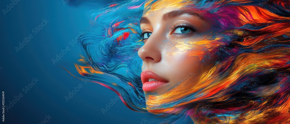 Vibrant digital art of a womans face with colorful abstract elements flowing hair blue background surreal style closeup Vibrant digital art of a womans face with colorful abstract elements flowing hair blue background surreal style closeup