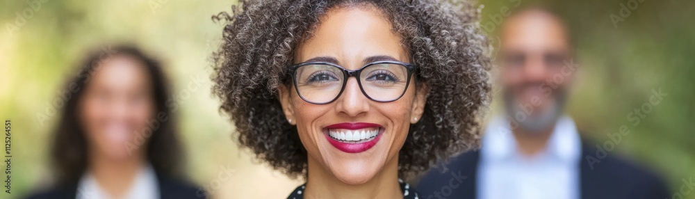 Confident Professional Woman with Curly Hair Smiling in Corporate Setting with Blurred Colleagues in Background, Representing Teamwork and Collaboration Confident Professional Woman with Curly Hair Smiling in Corporate Setting with Blurred Colleagues in Background, Representing Teamwork and Collaboration