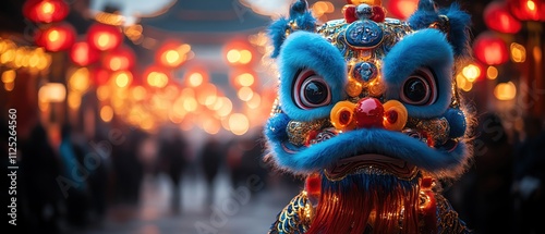 Vibrant dragon dance in a crowded street with red lanterns, celebrating Chinese New Year