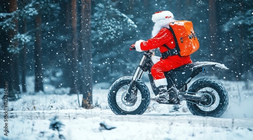 Le Père Noël, vue de profil, roulant sur une moto d'enduro dans une forêt, sous de fortes chutes de neige en hiver. photo