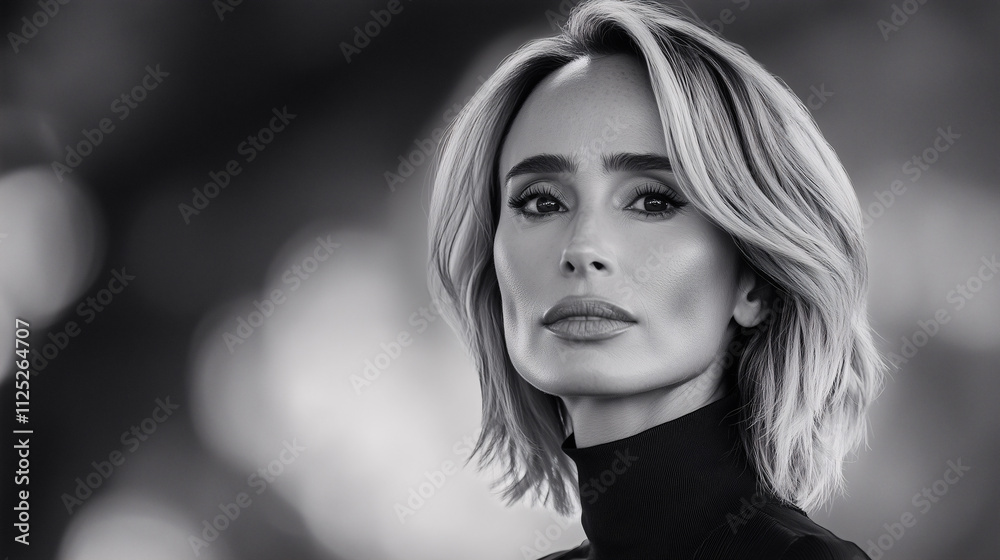 Retrato en blanco y negro de mujer con cabello corto y expresión seria Retrato en blanco y negro de mujer con cabello corto y expresión seria