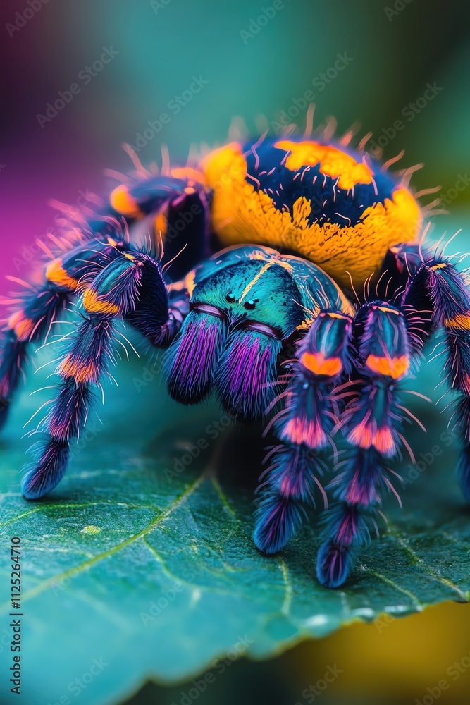 Naklejka premium Vibrant tarantula on a leaf, closeup, detailed and colorful