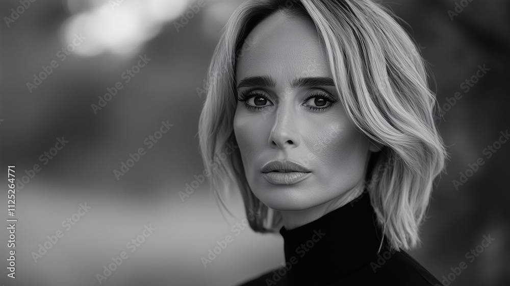 Retrato en blanco y negro de mujer con cabello corto y expresión seria Retrato en blanco y negro de mujer con cabello corto y expresión seria
