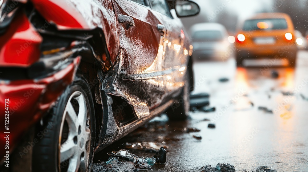 Fototapeta premium Cars Colliding on Wet Road in Focus