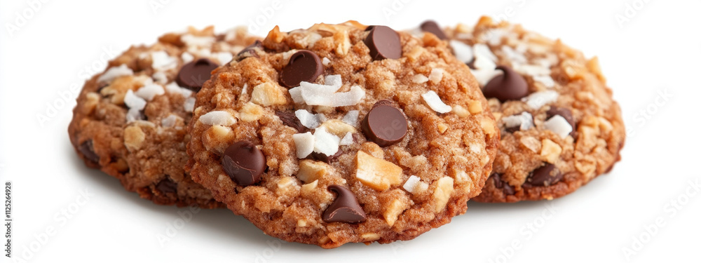 Delicious homemade cookies with chocolate chips and coconut flakes arranged on a white background. Delicious homemade cookies with chocolate chips and coconut flakes arranged on a white background.