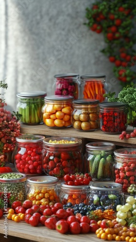 Colorful assortment of pickled vegetables and fruits in jars on wooden shelves.