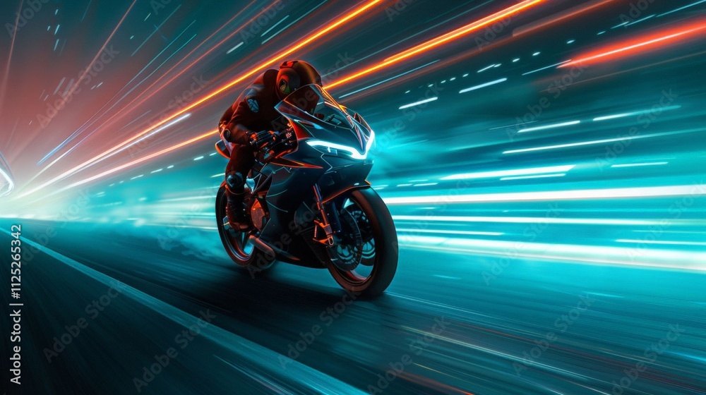 Obraz premium futuristic motorcycle rider zooms down a neon-lit highway at night, creating a sense of speed and adventure. dynamic high-speed racing and cutting-edge technology.